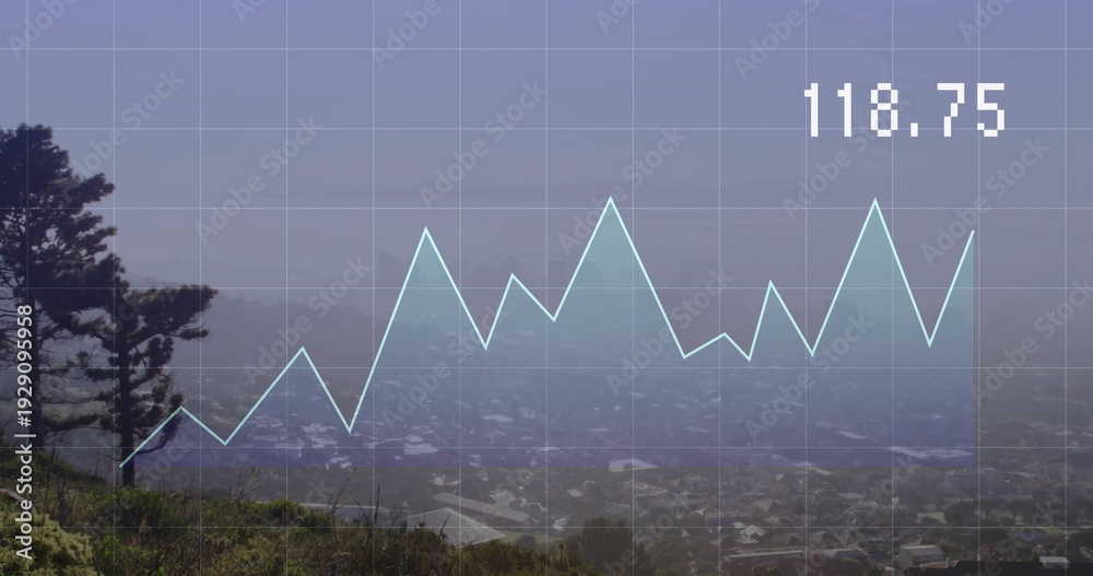 Fototapeta premium Displaying cyan line chart with white grid across hazy hillside, 118