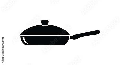 A stark black silhouette of a frying pan with a lid and handle against a clean white background silhouette
