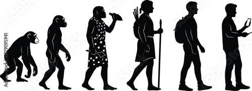 Evolution of Man from Primitive Apes to Modern Human with Smartphone Silhouette Concept for Human Progress History and Digital Technology