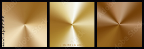 Set of 3 gold gradient square backgrounds. Smooth radial light transition. Soft champagne gold, deep warm metallic. Glossy foil texture, circular glow. Refined luxury backdrop for certificates, awards