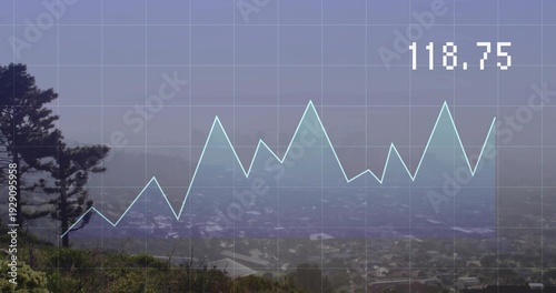 Displaying cyan line chart with white grid across hazy hillside, 118