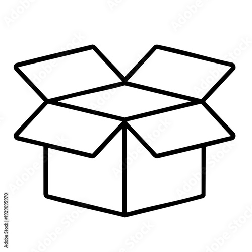 A minimalist line drawing of an open cardboard box. The box is depicted in a simple, iconic style, with bold black lines defining its shape and form.