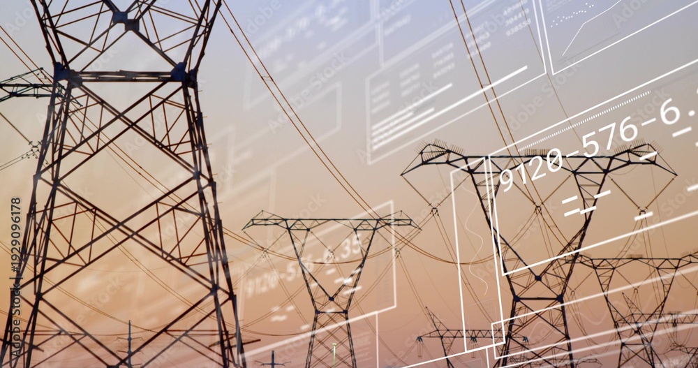 Fototapeta premium Showing steel lattice tower at sunset, towers, power lines, digital overlay, copy space