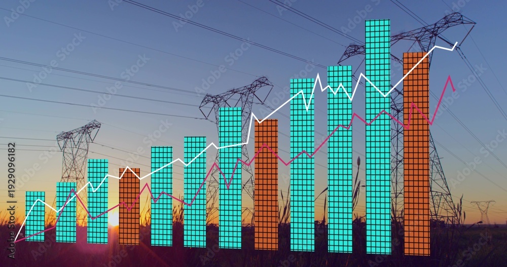 Obraz premium Displaying stylized bars tracing two rising line graphs over pylons and power lines at sunset