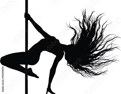 Silhouette of Athletic Female Pole Dancer Performing Dynamic Inverted Pose with Flowing Hair in Studio on White Background