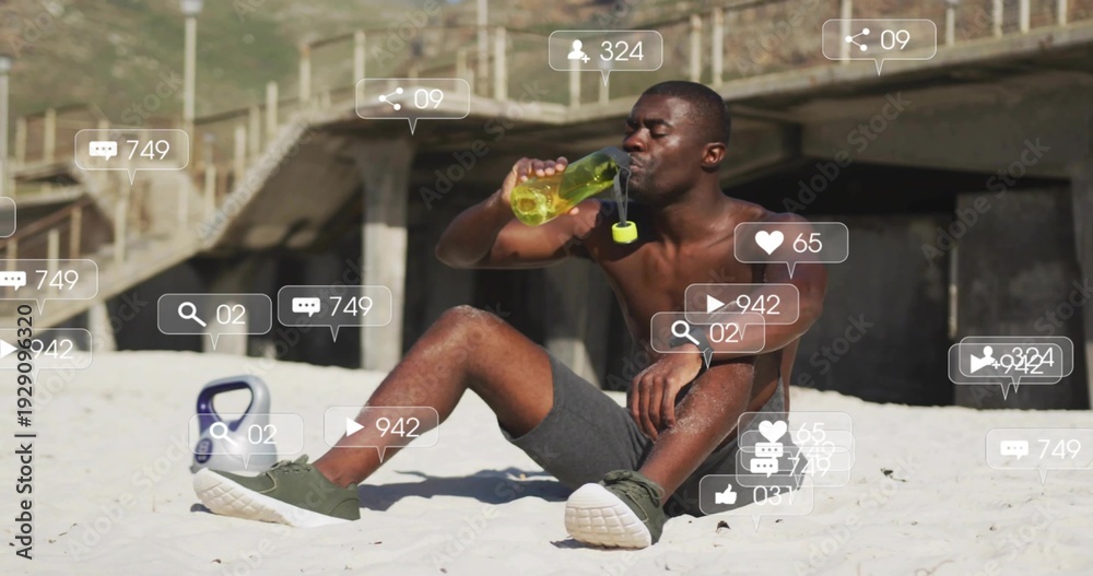 Fototapeta premium Drinking shirtless Black man on sand by pier, holding green bottle, kettlebell and social icons