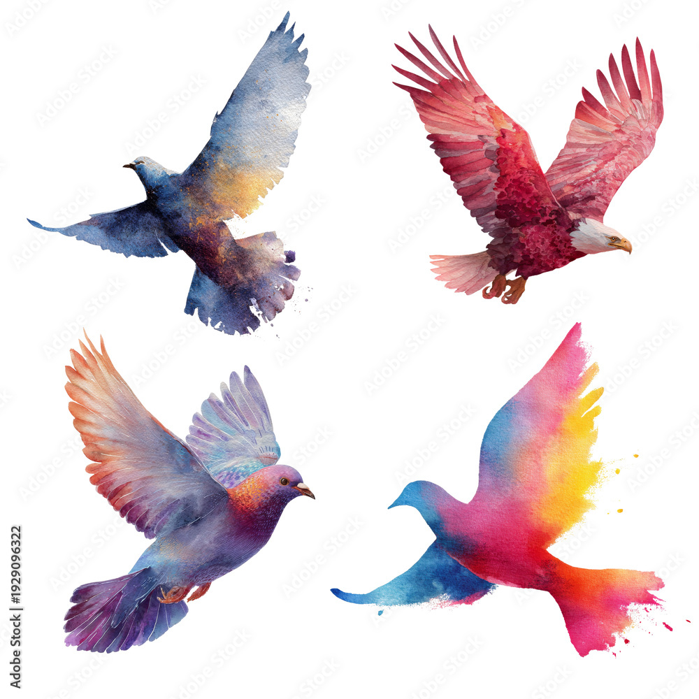 Fototapeta premium Watercolor - birds in flight watercolor painted isolation on transparent&nbsp;illustration format&nbsp;, in PNG file.
