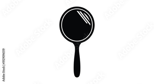 A stark black silhouette of a handheld magnifying glass against a pure white background offering a minimalist aesthetic silhouette