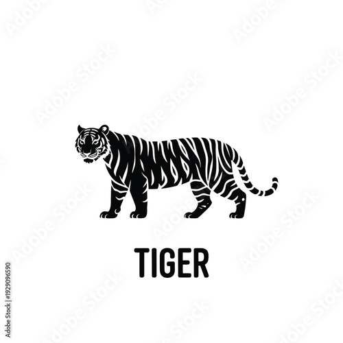 A stylized black and white illustration of a tiger standing prominently