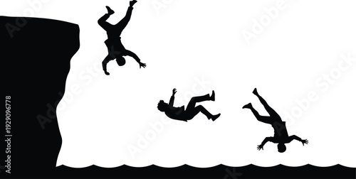 Men jumping off cliff into water silhouettes
