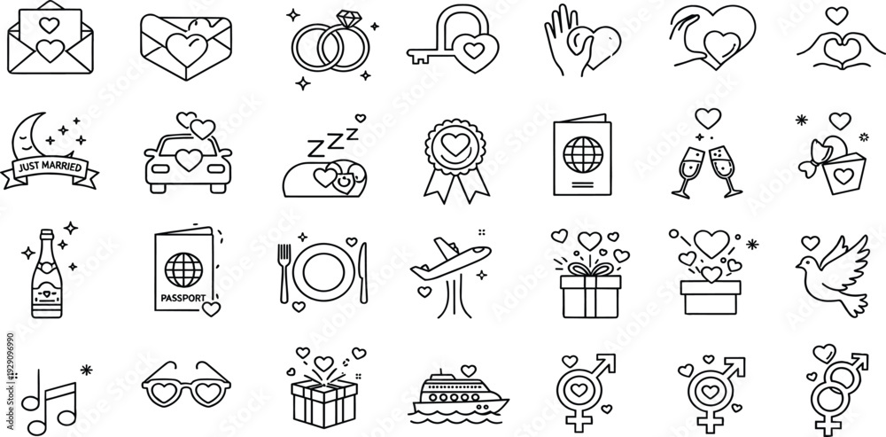 Fototapeta premium Wedding Love and Relationship Line Icon Set with Marriage Symbols Hearts Rings Gifts Travel and Romantic Celebration Elements for Valentine and Bridal Designs