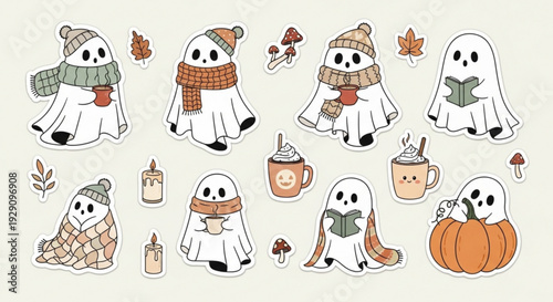 Adorable ghost stickers enjoying fall and Halloween with warm drinks