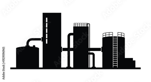 A stark black silhouette depicts an industrial complex with towers tanks and pipes against a white background silhouette