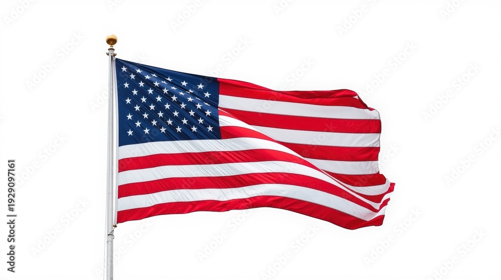Obraz premium The american flag waving proudly in the wind against a white background.