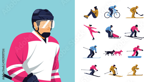 Collection of winter sports athletes including ice hockey player, skiers, figure skater, dog sledding, and cyclist, flat vector character illustration set isolated