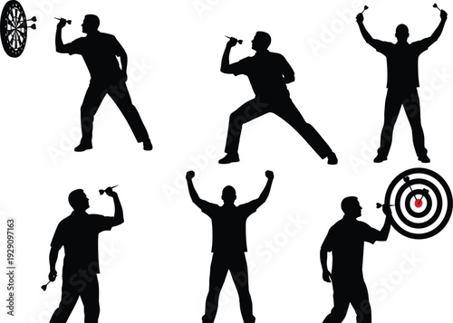 Silhouette of a Darts Player Throwing and Celebrating a Bullseye with Target Boards and Different Action Poses for Sports Concept