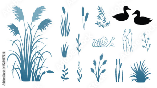 set of blue plants and black ducks on white background