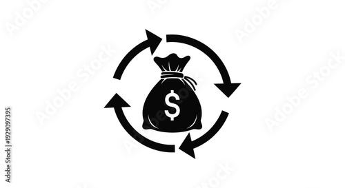 A circular design features a money bag with a dollar sign encircled by arrows representing financial flow a silhouette