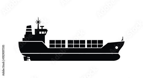 A stark black silhouette depicts a large cargo ship sailing on calm waters showcasing maritime transport silhouette high quality