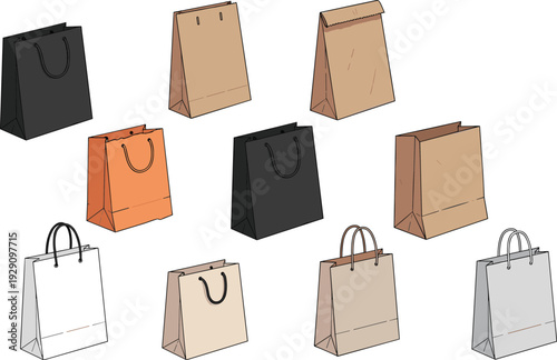 Shopping paper bag collection retail packaging mockup set for branding and store purchase flat vector illustration