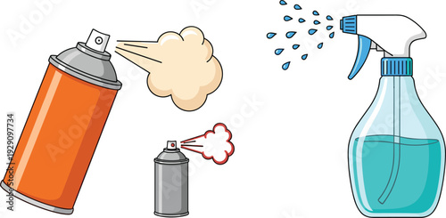 Spray paint aerosol cans and cleaning bottle with water mist household and graffiti flat vector illustration set
