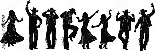 Silhouettes of country western dancers in cowboy hats and boots performing line dance moves at a rustic honky tonk party event.