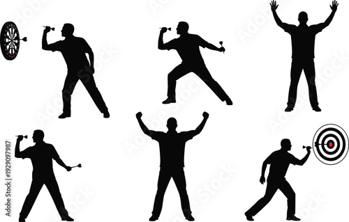 Silhouetted Man Playing Darts Set Featuring Different Poses of Aiming Throwing and Celebrating a Bullseye Hit on a Dartboard Background
