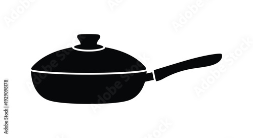A stark black silhouette of a frying pan with a handle and lid emphasizing its simple form silhouette