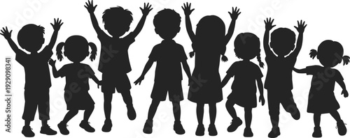 Happy, kids, silhouette, group, children, jumping, playing, friends, childhood, fun, joy, celebration, little, boys, girls, activity, playful, people, isolated, concept