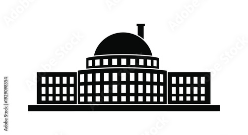 A striking black silhouette depicts a classical domed building with detailed architectural features and a prominent tower silhouette