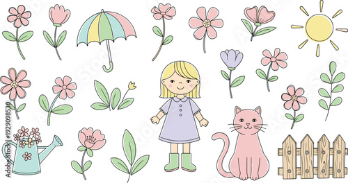 Pastel spring garden collection with girl cat flowers umbrella watering can and fence cute vector illustration set