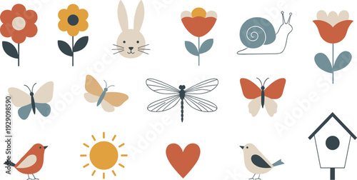 Cute spring nature icon set with flowers butterflies birds sun snail and rabbit flat vector illustration collection