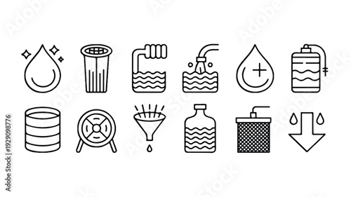 set of line icons for water filter and purification system