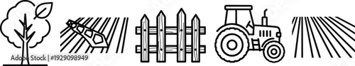 Agriculture and farming icon set featuring minimalist black line art of a tree tractor wooden fence and plowed field rows for rural organic business