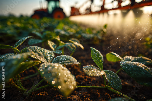 Low - angle view of dew - dotted soybean seedlings with soil texture, golden morning backlight and tractor sprayer mist in background