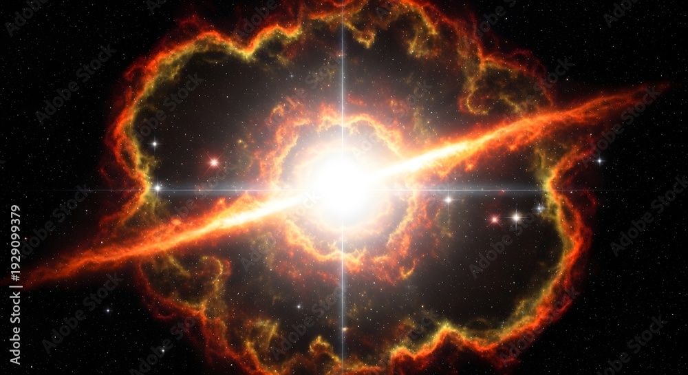 Fototapeta premium Vibrant cosmic explosion with intense light beams and swirling gas clouds in deep space
