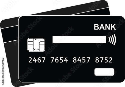 Vector illustration of black bank cards with security chip and contactless payment symbol for financial services digital banking credit transactions and personal finance management.