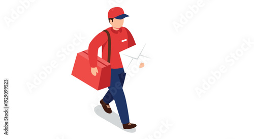 courier delivery man walking with red package and envelope hand drawn isometric illustration for logistics and postal services