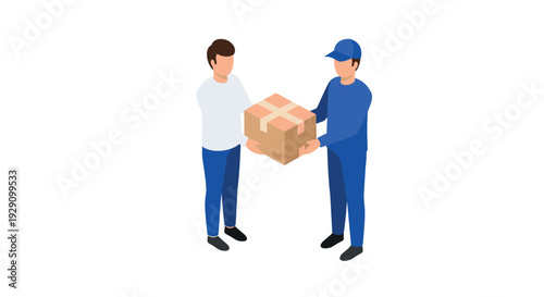 two men exchanging a cardboard package isometric delivery service hand drawn illustration