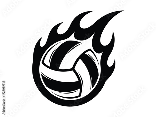 Volleyball on fire, dynamic black and white vector illustration for sports themes and energetic designs