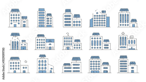 Set of various blue and white city buildings with multiple windows and roofs