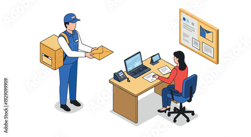 isometric delivery man handing envelope to office woman sitting at desk with laptop and documents modern vector illustration