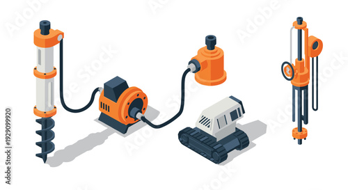 isometric orange and white drilling machine and equipment set with treads and power generator illustration