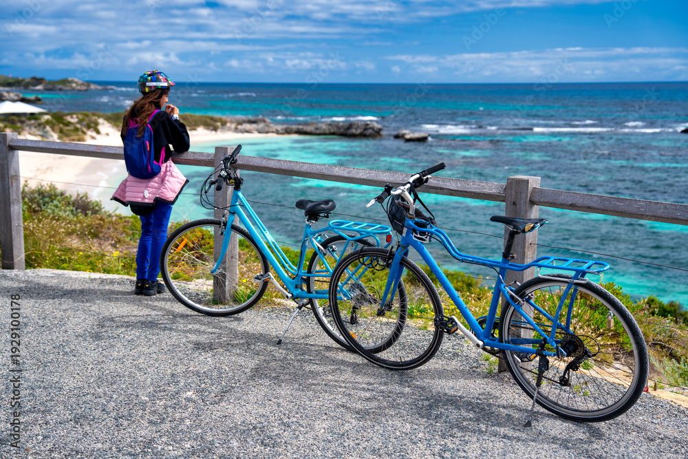 Obraz premium Bicycle rental on Rottnest Island Australia promoting eco friendly travel and outdoor exploration