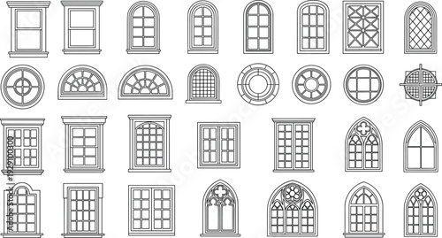 Collection of architectural window line icons featuring various classic gothic arched circular and modern frames for building design house construction renovation and interior decor projects.
