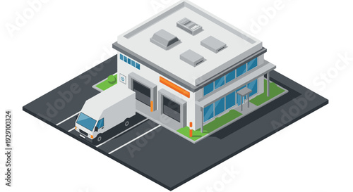 isometric delivery warehouse building with white truck and parking lot in vector illustration