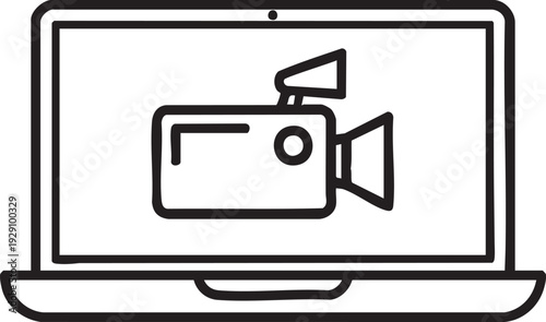 Laptop screen shows a video camera icon, symbolizing video production, filming, or content creation.