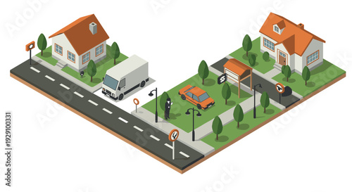 isometric suburban neighborhood scene with houses cars delivery van and street signs in vector style