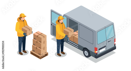 delivery workers loading cardboard boxes into a gray van isometric illustration