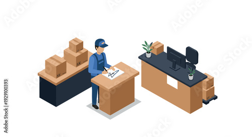 isometric delivery worker signing document at warehouse desk with stacked cardboard boxes and computer workstation in modern style